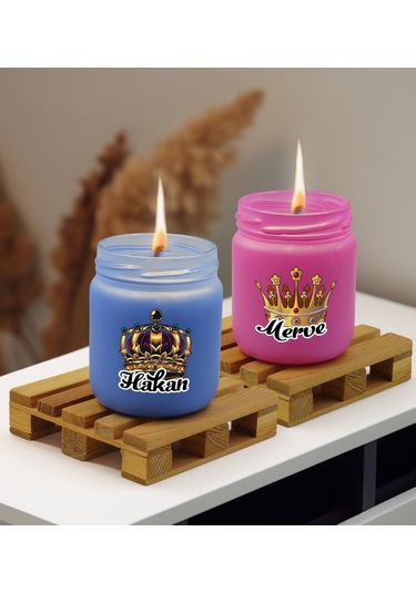 Bk Gift Kişiye Özel Dtf Kral Kraliçe Tacı 2 Li Mavi Ve Pembe Renkli Cam Kavanozda Kokulu Mum-1, Arkadaşa Hediye, Sevgiliye Hediye