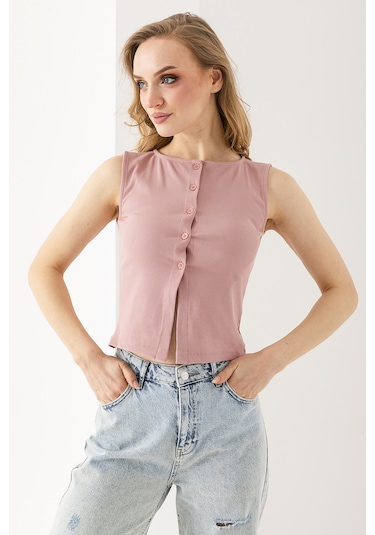 Giysa Kadın Bisiklet Yaka Düğmeli Fitilli Body Pembe - 25y 2457 Şeker Pembe