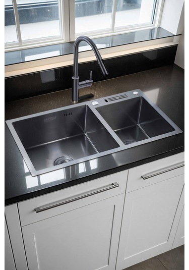 Sun Serisi %100 Krom 82x45 İki Göz Bıçak Yuvalı Paslanmaz Mutfak Eviyesi, Mutfak Lavabosu Siyah-düz