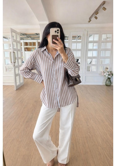 Lijuri Çizgili Oversize Basic Gömlek 3504 Mavi