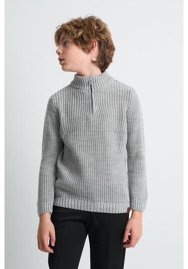 Alexandergardı Dik Yaka Fermuarlı Erkek Çocuk Kazak C23-7108 Gri