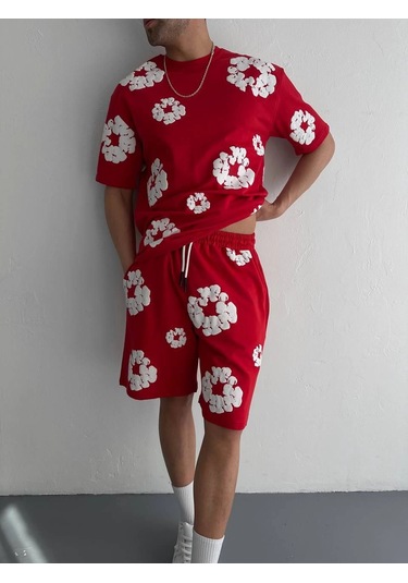 İki İplik Kumaş Baskılı T-shirt Şortlu Takım- Kırmızı Çok Renkli