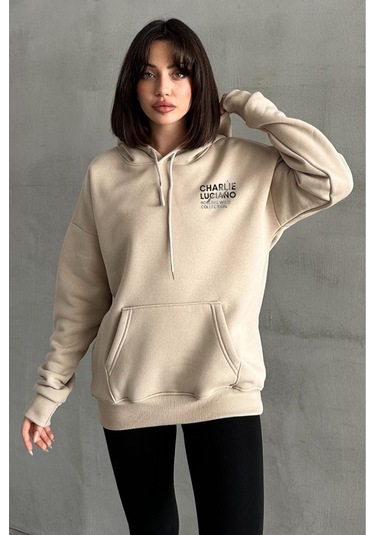 Kadın Bej Charlie Luciano Baskılı Oversize Kapüşonlu Sweatshirt Bej