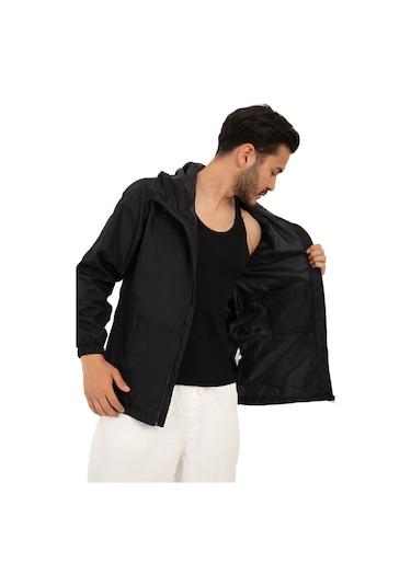 Riverstorm Erkek Siyah İçi Astarlı Kanguru Cepli Su Ve Rüzgar Geçirmez Kapüşonlu Cepli Yağmurluk Siyah