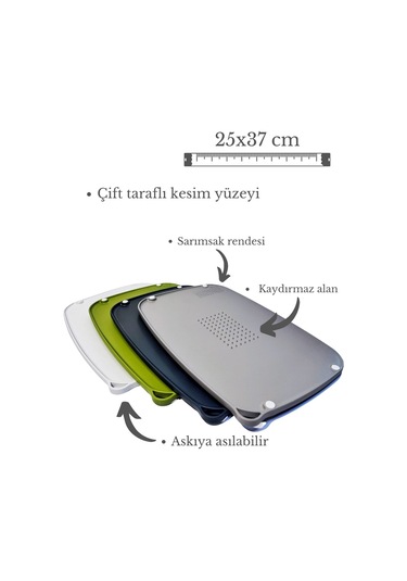 Mercansa Kaymaz Ayaklı Çift Taraflı Renkli Plastik Kesme Ve Doğrama Tahtası - Kaydırmaz Taban, Sarımsak Ezme Alanlı Renkli