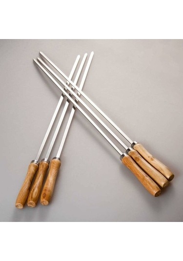 Pazly Barbekü İçin Ahşap Saplı Paslanmaz Çelik Şiş 42cm 6'lı Paket