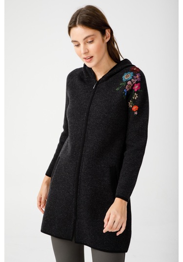 Desen Triko Kadın Reglan Kol Nakış İşlemeli Kapüşonlu Uzun Kaban