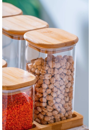 Malibu Bambu Standlı 6 Lı Cam Baharatlık Seti Bambu