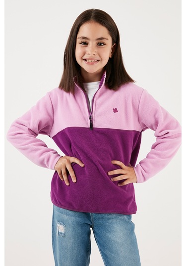 Lela Yumuşak Dokulu Yarım Fermuarlı Renk Bloklu Dik Yaka 2'Li Paket Çocuk Polar 5905004S2 Şeker Pembe Gri-Şeker Pembe Mor