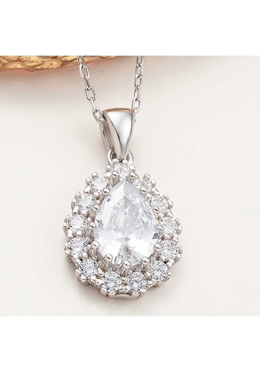 925 Ayar Gümüş Damla Zirkon Taşlı Kadın Kolye Gümüş