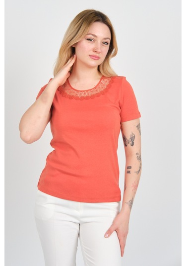 Ella Camelia Kadın Yakası Dantel İşlemeli Kısa Kol Pamuklu Bluz 24e008 Kiremit Kiremit