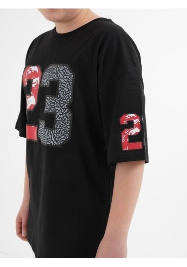 Çocuk 23 Yazılı Oversize Pamuklu T-shirt-16013 SIYAH