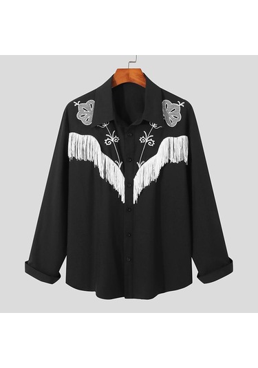 İncerun Bahar Erkek Püskül Baskılı Uzun Kollu Gömlek Salaş Siyah