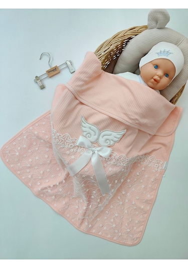 Pembe Kız Bebek Battaniyesi %100 Pamuklu Şık Dantelli Nakışlı Doğal Organik Uyku Örtüsü Yenidoğan Somon