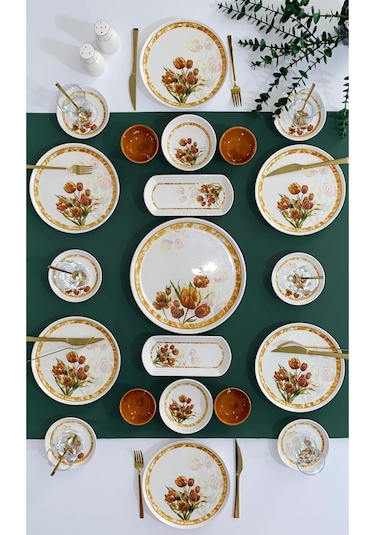 Vintage Tulip 6 Kişilik 21 Parça With Saucer Kahvaltı Takımı Kızıl Kahve