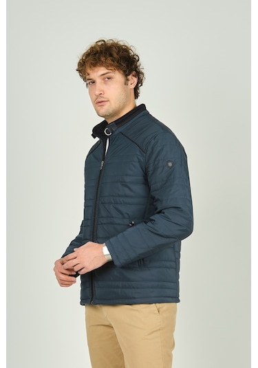 Lucas Erkek Dik Yaka Deri Biyeli Kapitone Mont 4706 Petrol Petrol