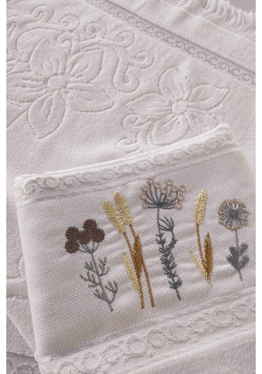 2'li Nakışlı Jakarlı Kadife El Yüz Havlusu - %100 Pamuk - Beyaz Beyaz Beyaz