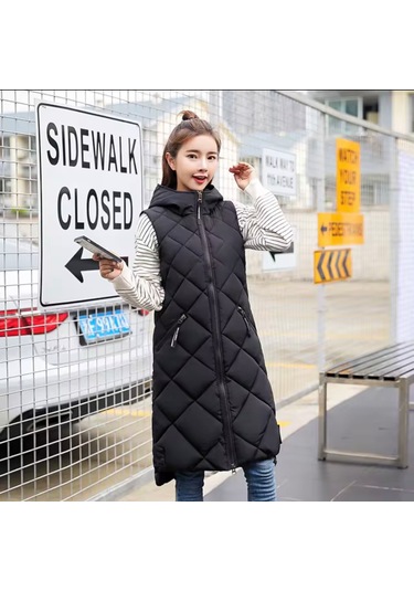 Kapitone Uzun Kadın Yelek Siyah