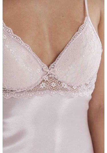 Pierre Cardin Pudra Saten Güpürlü Kaplı Gecelik 600 Pudra