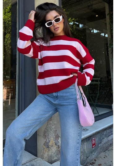 Pudra Bisiklet Yaka Çizgili Oversize Triko Kazak Mg1972 Pudra