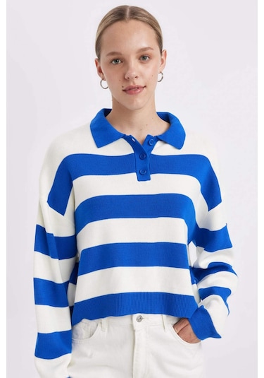 Defacto Regular Fit Polo Yaka Düğmeli Çizgili Triko Kazak A2357AX24WNBE64 Mavi Defacto Regular Fit Polo Yaka Düğmeli Çizgili Triko Kazak A2357AX24WNBE64 Mavi