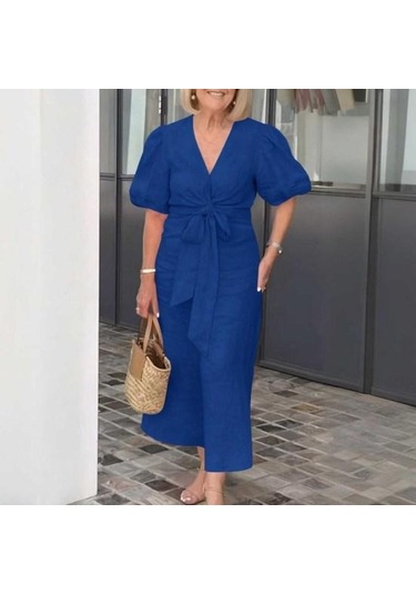 Yazlık Maksi Elbise V Yaka Bağcıklı Bel Kabarık Kollu Düz Renk Bol Beyaz