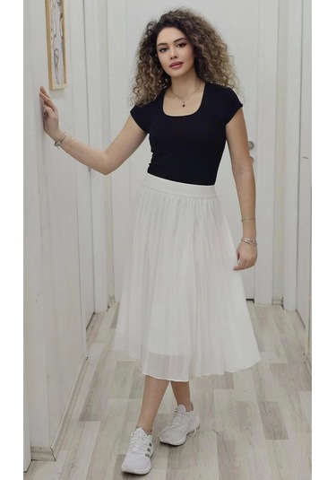 Beli Lastikli Pliseli Etek 6018-beyaz Beyaz