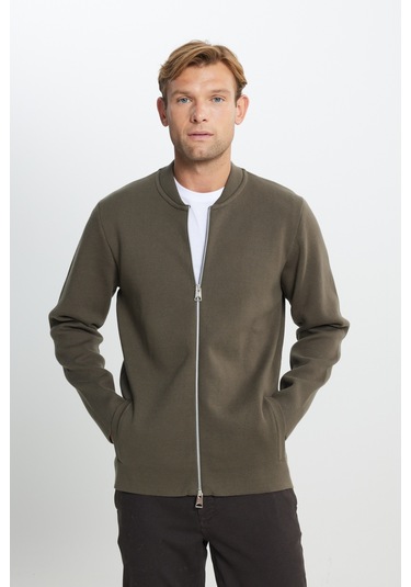 AC&Co / Altınyıldız Classics  Erkek Hakı Standart Fit Normal Kesim Kolej Yaka Cepli Triko Hırka Hakı Haki