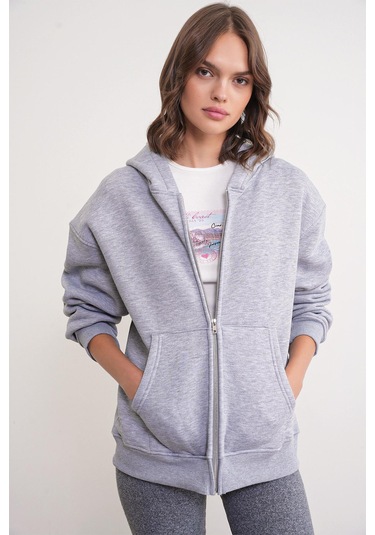 Mixray 2023 Unisex 3iplik Basic Polarlı Fermuarlı Sweatshirt Hoodie Gri