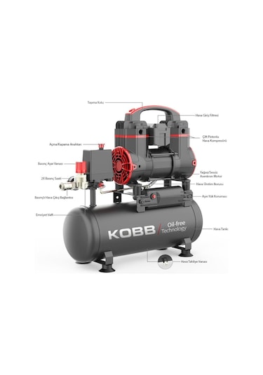 Kobb KBK8S 1.2 Hp 8 L 8 Bar Yağsız Sessiz Taşınabilir Hava Kompresörü