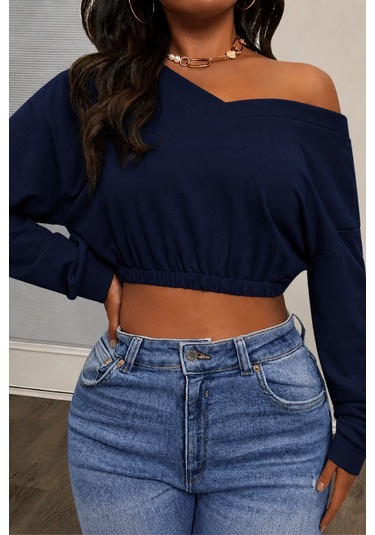 Tarz Cool Kadın Omuz Dekolteli Lastikli Crop Sweatshirt %100 Pamuk Lacivert