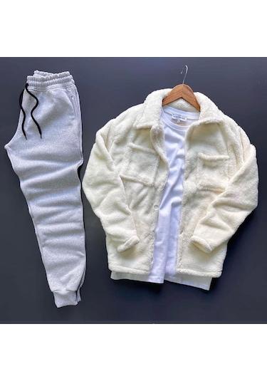Unisex Beyaz Peluş Polar Hırka Gömlek Gri Eşofman Altı Takım Beyaz - Gri