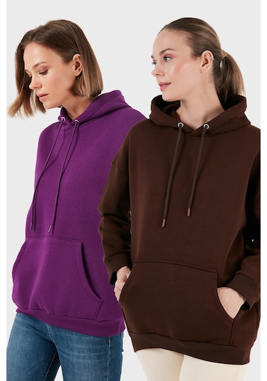 Lela Regular Fit Pamuklu Kapüşonlu Yaka Şardonlu Kışlık 2'Li Paket Bayan Sweat 5863854S2 Kahve-Mor