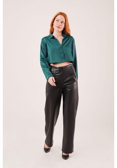 Saten Crop Model Yeşil Gömlek Yeşil