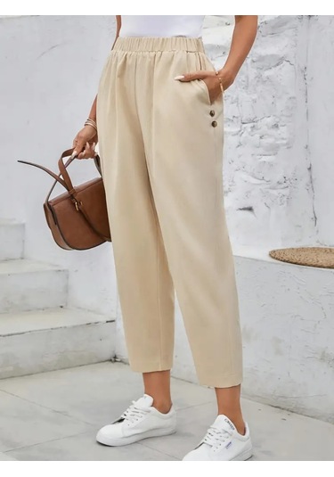 Munn Collection Kadın Yüksek Bel Yandan Cepli Düğme Detaylı Geniş Kesim Ithal Krep Pantolon Bej
