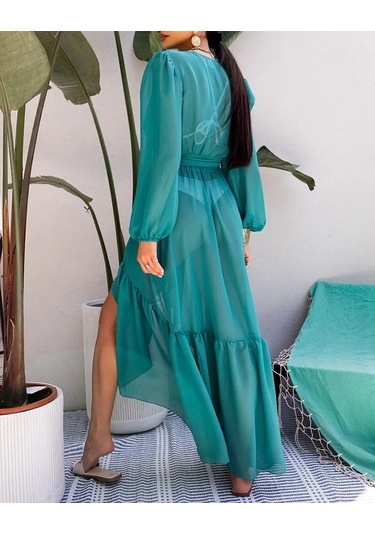 Kadınlar İçin Dantelli Bikini Örtüleri Maxi Elbiseler Katı Uzun Kollu Plaj Elbisesi Siyah