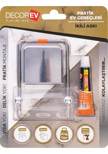 Decorev Dc-4772 Dekoratif Yapıştırmalı Banyo Mutfak Metal Iki Kancalı Askı Krom Gri