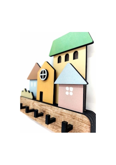 Cajuart Dekoratif Boyutlu Pastel Ton Evler Duvar Dekoru Askılık Anahtarlık