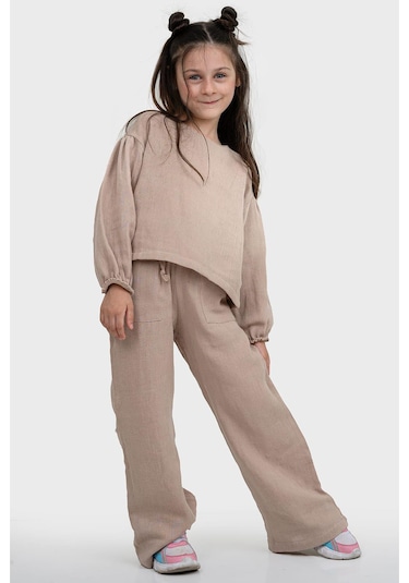 3232 Kız Çocuk Takım Alt Üst Takım Vizon