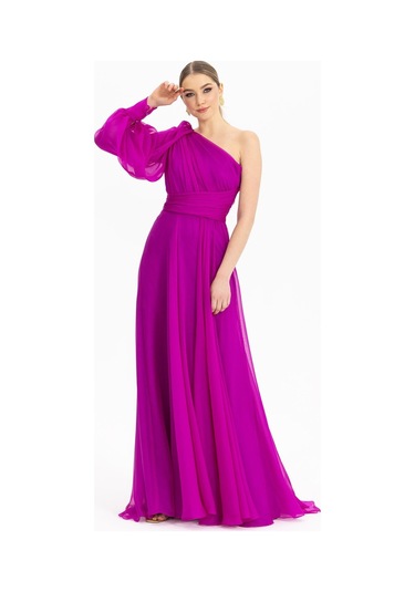 Tek Omuz Şifon Abiye-fuşya Fuşya