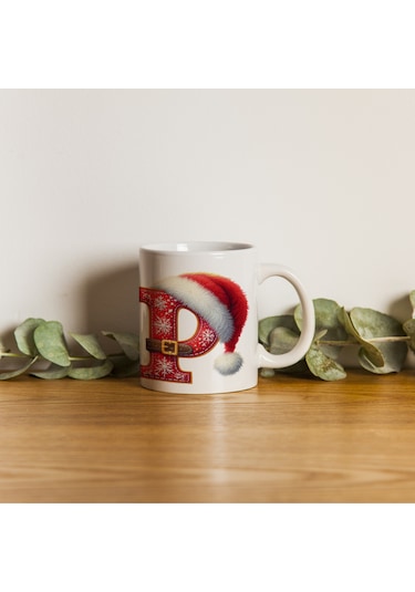 P Harfi Yılbaşı Temalı Bardak 330 Ml Harfli Kişiye Özel Hediye - Yeniyıl / Noel Şapka Tasarım Beyaz
