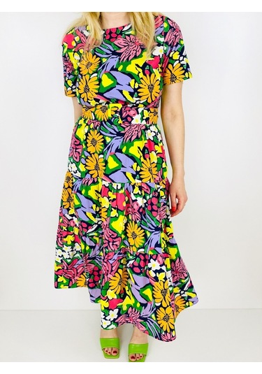 Renkli Desenli Volanlı Elbise