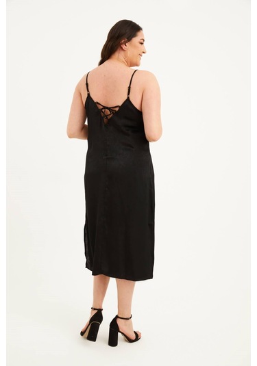 Saten Dantelli Arkası Çapraz Midi Elbise-1520 Siyah