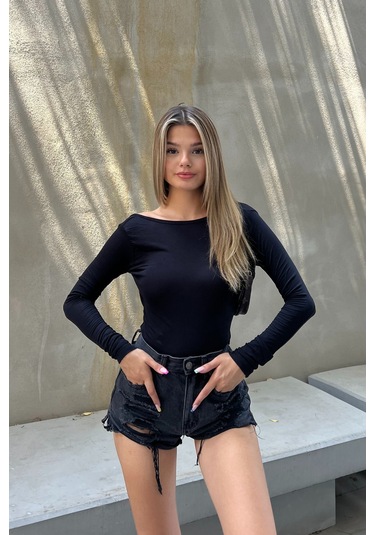 Siyah Derin Sırt Dekolteli Uzun Kollu Bluz Siyah