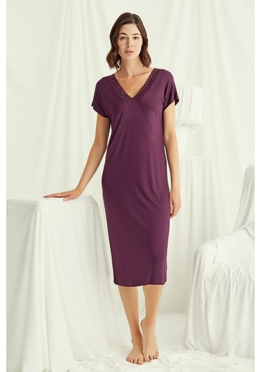 Monamise 18500 Kadın V Yaka Kısa Kollu Gecelik-bordo Bordo