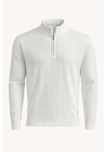 Slim Fit Yarım Fermuar Dik Yaka Uzun Kol Erkek Triko - 7465 Beyaz