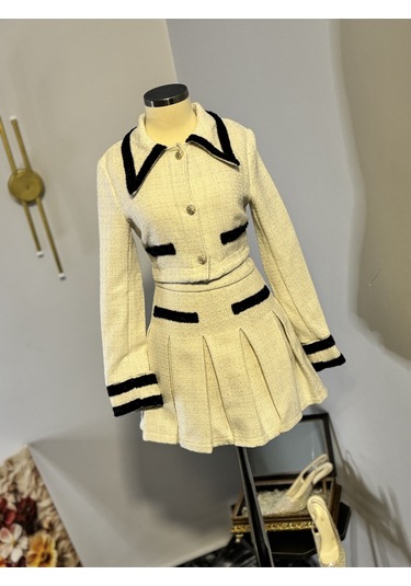 Maison Meda Gold Touch Tweed Set Kışlık Lüks Şık Ceket & Etek Takım Bej