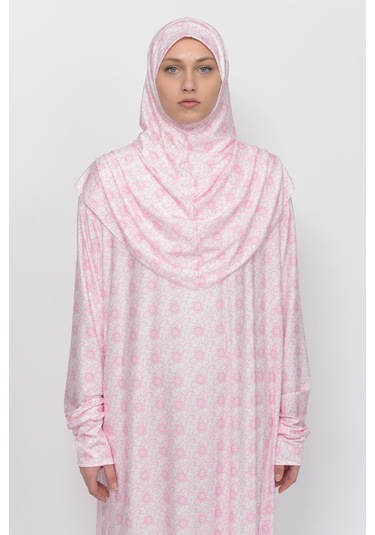 Pratik Tek Parça Güneş Desenli Kollu Tak Çıkar Başörtülü Likralı Tesettür Namaz Elbisesi 990-0302 Pembe Antrasit