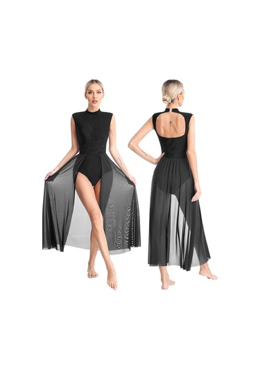 Siyah Kadın Çağdaş Lirik Dans Elbise Bale Jimnastik Leotard Kolsuz Şifon Dökümlü Elbise Sahne Performansı Giyim