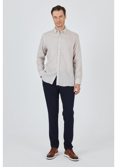 Uzun Kol Düz Keten Düğmeli Yaka Cepsiz Casual Comfort Fit Gömlek 1004250114 Açık Vizon